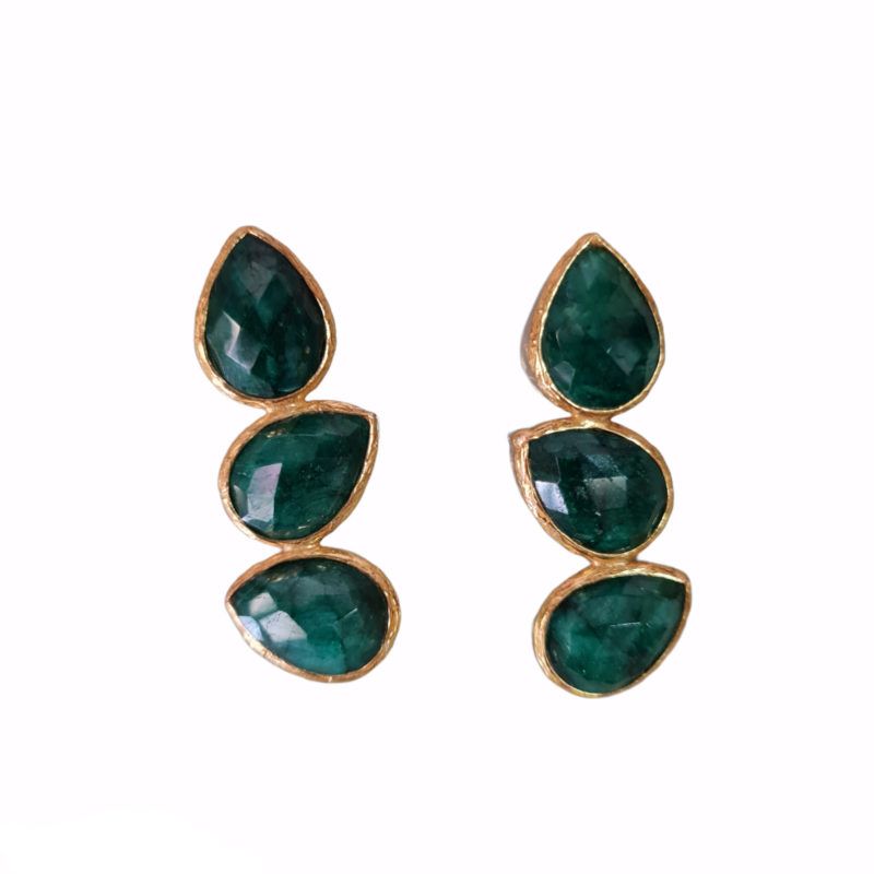 PENDIENTES 3 PIEDRAS VERDE BAÑO ORO